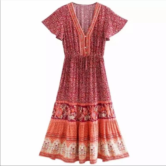 Boho Floral Gypsy Stripe Print Maxi Dress blue - Picture 15 of 16